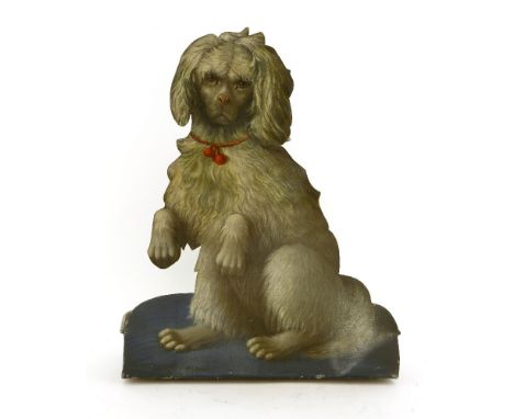 A painted toleware stick stand, mid-19th century, the front painted as a begging dog, 54cm wide18cm deep54cm high