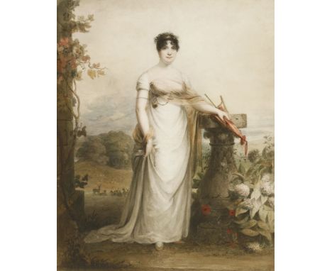 James Green (1771-1834)PORTRAIT OF A LADY, STANDING FULL LENGTH IN A WHITE DRESS HOLDING A PARASOL, IN A PARK WITH DEER IN TH