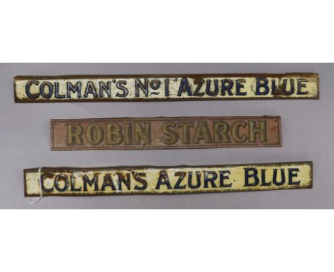 Three tin enamel signs - Colmans Azure Blue and Robin Starch shelf signs longest 44cm