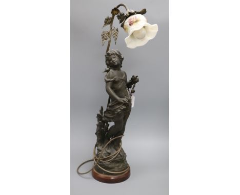 A late 19th century French bronzed spelter figural table lamp, after Auguste Moreau height 66cm