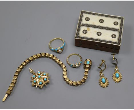 Five items of Victorian and later turquoise and gem set jewellery including diamond and cultured pearl rings.
