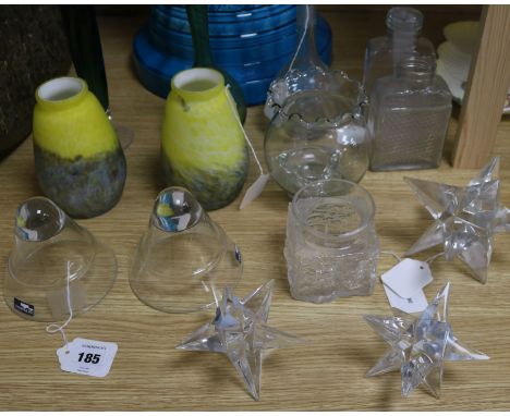 A pair of Daum style mottled yellow-blue glass shades and a collection of miscellaneous glassware, including Leonardo glass, 