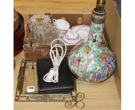 A Chinese famille rose lamp, lustre tea for two, a mirror and a collection of spirit measures etc