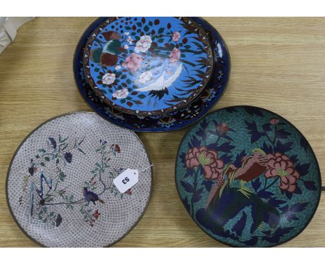 Five Japanese cloisonne enamel dishes of birds amid flowers largest diameter 36.5cm