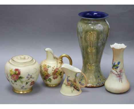 A Doulton Lambeth vase and four items of Locke and Co, Royal Worcester etc blush ivory tallest 22cm