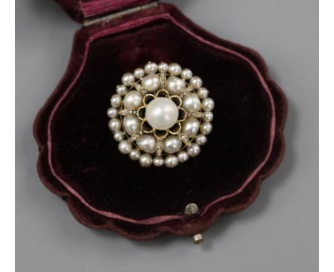 A Victorian yellow metal, rose cut diamond and untested pearl cluster brooch in antique shell shaped box, 26mm.