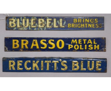 Three blue tin enamel signs - Reckits Blue, Brasso Metal Polish and Bluebell Brings Brightness longest 32cm