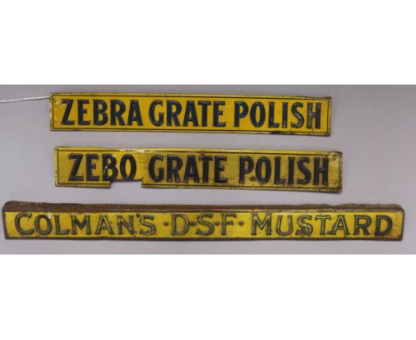 Three enamel signs - Zebra Grate Polish, Zebo Grate Polish and Colmans DSF Mustard longest 44cm