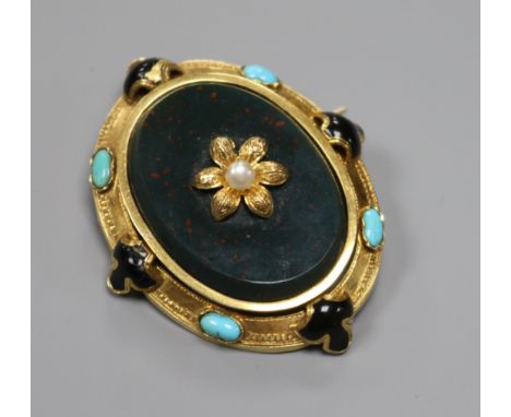 A late Victorian yellow metal, turquoise, black enamel and bloodstone set oval brooch, with central pearl, 47mm.