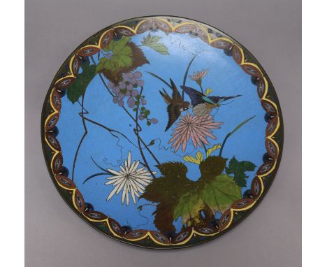 Five Japanese cloisonne enamel dishes of birds amid flowers including a pair largest diameter 30cm