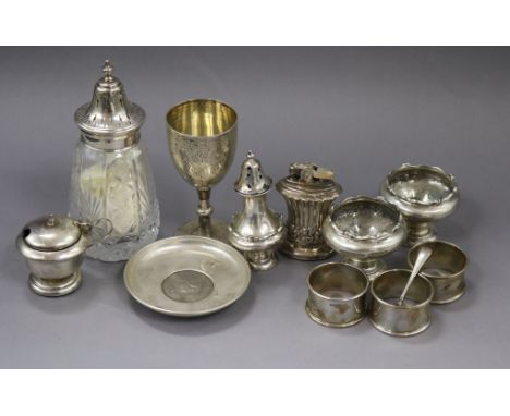 Small silver items including four condiments, dish, goblet, sifter and three napkin rings and a plated Ronson lighter.