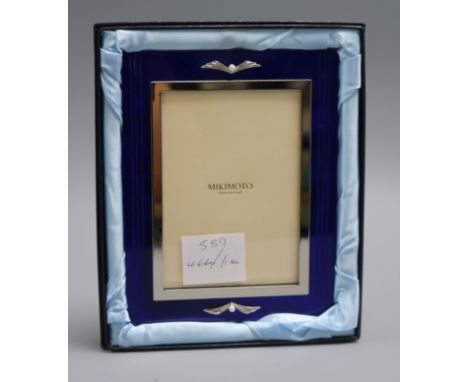 A boxed Mikimoto cultured pearl set blue plastic rectangular photograph frame, 17.3cm.