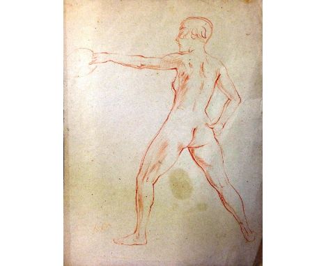 Augustus John (attrib.): orange crayon sketch on paper; naked figure (bares type written paper label to reverse): ''Artist Au