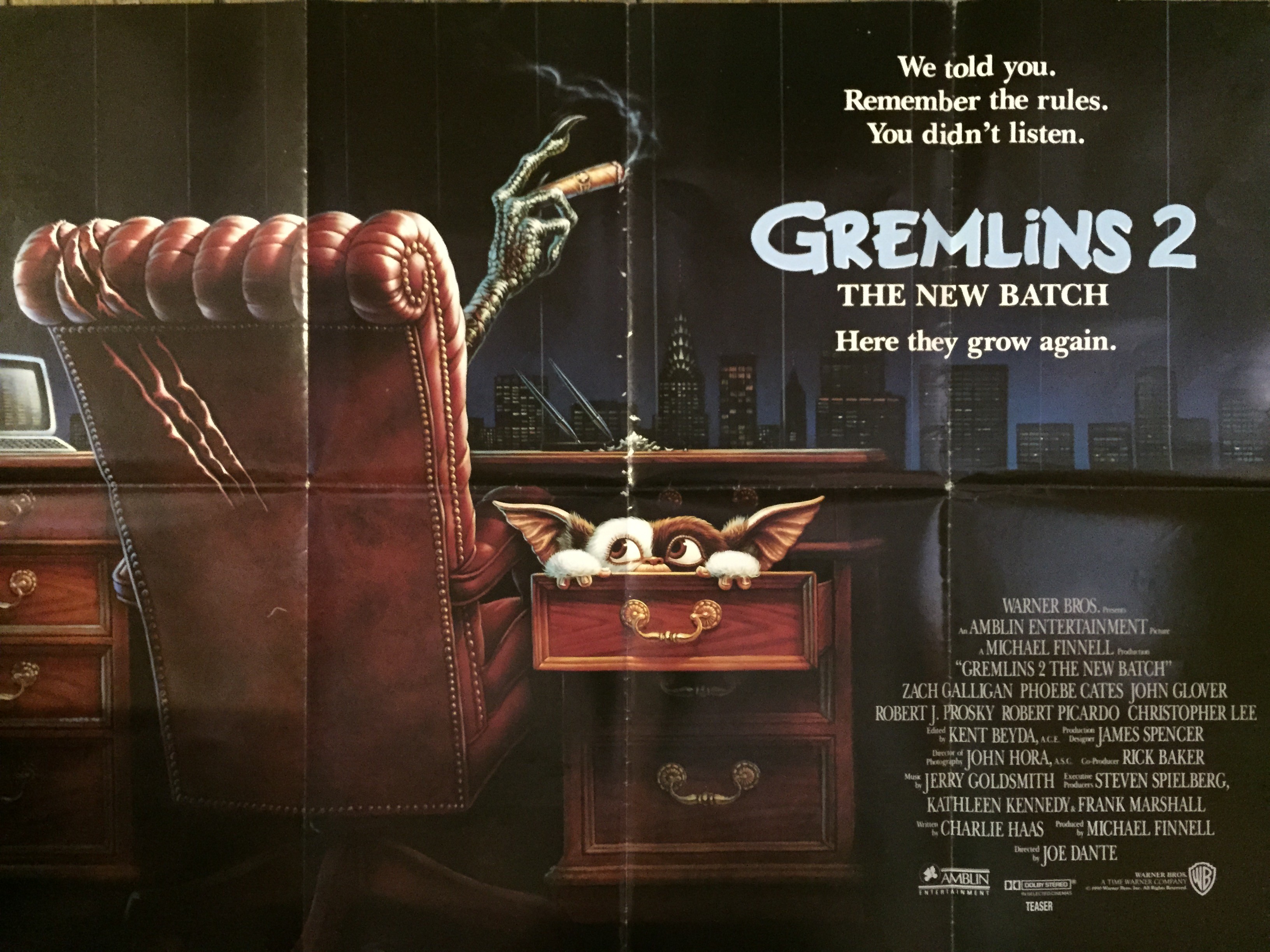 Gremlins 2 The New Batch 1990 Film Poster Starring John Glover And Phoebe Cates Folded Uk Quad 