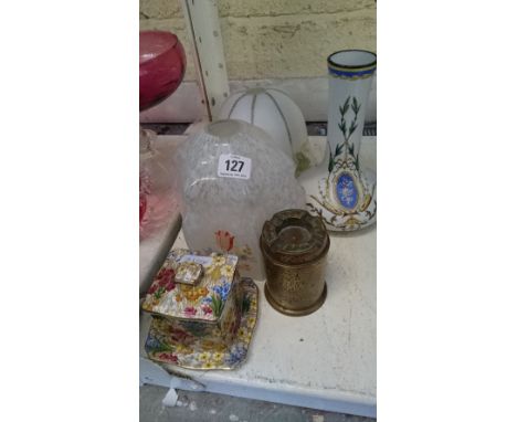 Two Art Deco glass ceiling light shades together with three other items.