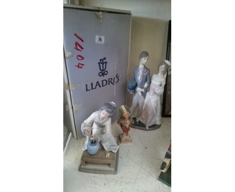 A Lladro china figure modelled as a young Bride and Groom together with a Lladro china figure modelled as a Japanese girl flo