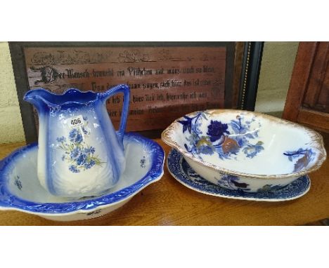 A 19th century reproduction blue & white meat plate together with a Doulton Burslem wash bowl decorated in the Vernon pattern
