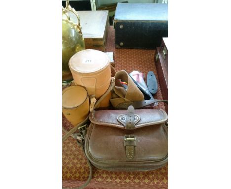 A leather hunting satchel by Brady, Halesowen together with a set of three glass and plated spirit flasks in leather case and