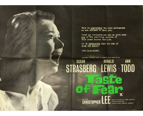 Taste of Fear 1961 film poster, Hammer Film Production starring Christopher Lee, folded UK Quad printed in England by Staffor