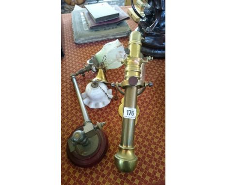 A late 19th century brass angle poise wall mounting gas lamp with green tinted glass shade and a ships brass wall light. (Sma