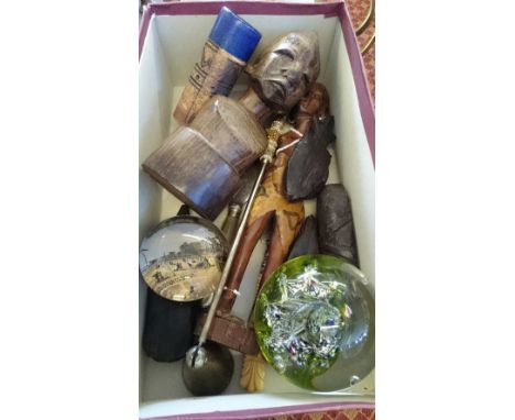 A Caithness Myriad glass paperweight together with a box of collectables including African items.