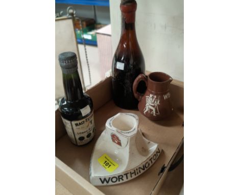 A vintage Worthington Indian Pale Ale pub advertising match striker / ashtray with 2 vintage beer bottles, Printers Ale and a