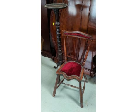 An oak pedestal torchere on barley twist column and a mahogany stick back bedroom chair with serpentine seat front 