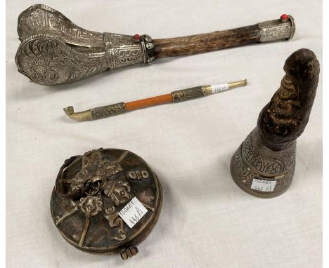 A Tibetan white metal mounted pipe with bone middle section, with dragon decoration; a Tibetan small white metal mounted budd