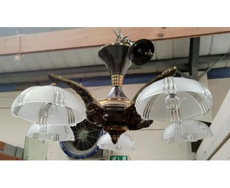 A 1920's anodized centre light chandelier of 5 branches with frosted glass shades 