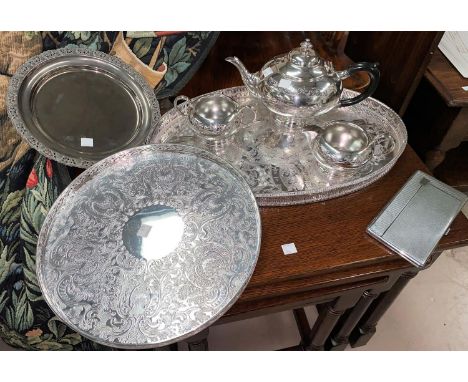 An EPBM 3 piece tea service; 2 trays; other metalware 