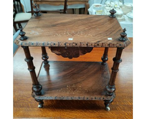 A Victorian inlaid walnut side table, 54 cm; a folding cake stand; a Victorian balloon back chair 