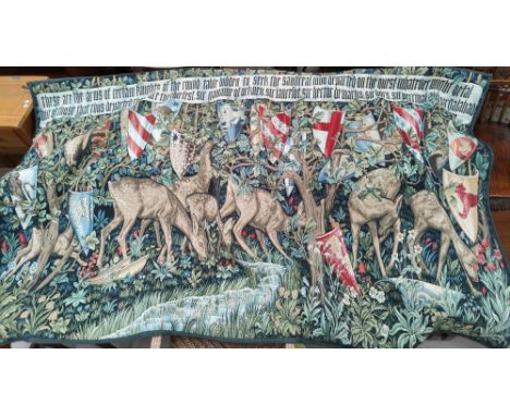 A modern tapestry wall hanging in the pre-Raphaelite style "These are the arms of certain Knights of the Round Table, width 2