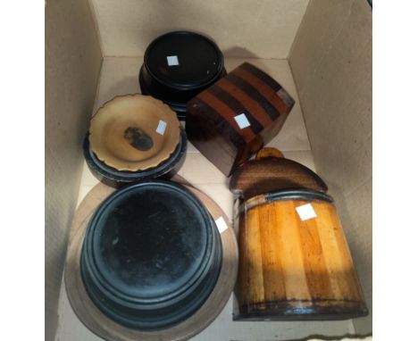 A selection of vintage treen:  tea caddy; salt box; trophy stands; frames; etc. 