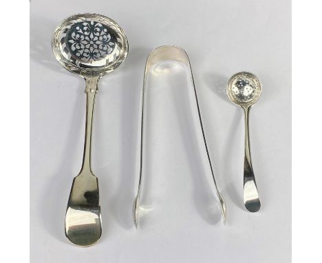 A William IV silver ladle, fiddle pattern with pierced bowl, IL.HL.CL London 1830; a similar spice spoon, maker R.C. 1792; a 