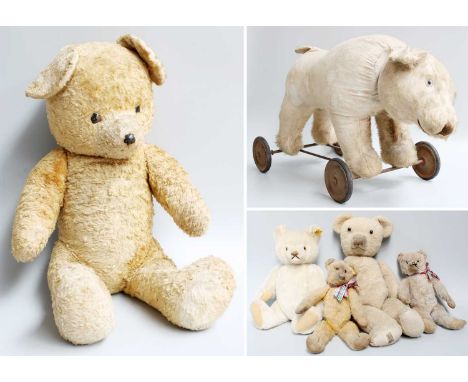 A Steiff Jointed Teddy Bear, a Merrythought bear, three others and a vintage pull along bear (6)