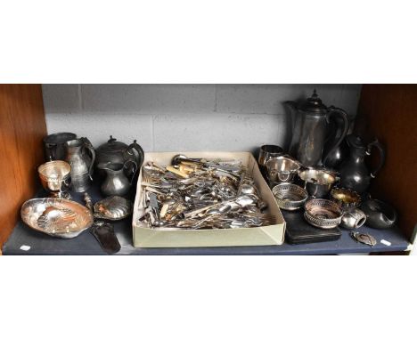 A Quantity of Silver Plated and Pewter Items, including a large quantity of mixed flatware, pair of bottle coasters etc (one 