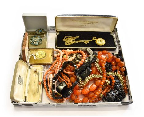 A Quantity of Jewellery, including a Baden Powell pendant; a coral and cultured pearl bar brooch, stamped '9CT'; a split pear