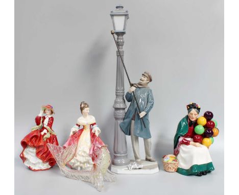 A Lladro Figure of a Lamp Lighter, together with Royal Doulton figures, The Balloon Seller, Top O'the Hill, another and a Ven