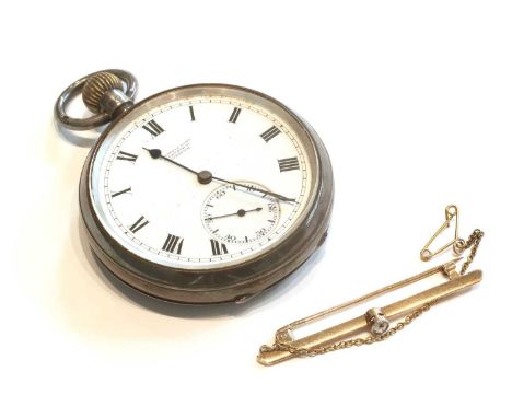 A Diamond Bar Brooch, stamped '9CT', length 5cm; together with A Silver Cased Pocket WatchBrooch - 2.7 gramsCase makers initi