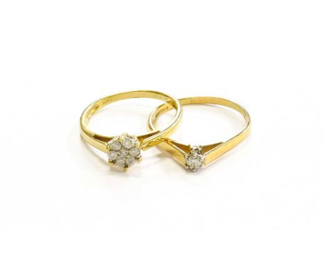 An 18 Carat Gold Diamond Solitaire Ring, finger size S; and A Diamond Cluster Ring, stamped '18K', finger size RGross weight 