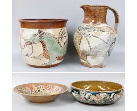 Michael &amp; Joanna Mosse, Llanbrynmair Pottery, a salt glazed stoneware bowl with incised decoration depicting a stag hunti