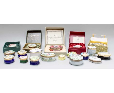 Nineteen Various Enamel Trinket Boxes by Staffordshire Enamels, Crummles, Bilston and Battersea Enamels, and others