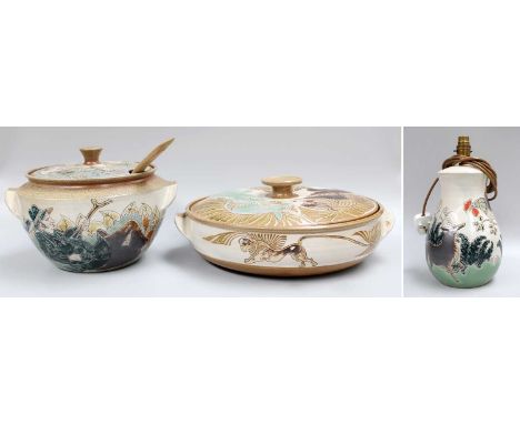 Michael &amp; Joanna Mosse, Llanbrynmair Pottery, a salt glazed stoneware tureen, cover and ladel, incised decoration depicti