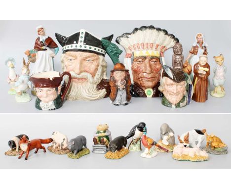 Royal Doulton, Including figures, character jugs, puppy and pigs; together with a Royal Worcester Monk candle snuffer, and Be