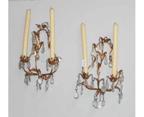 A Pair of Gilt Metal Twin Light Wall Sconces, or foliate form and with lustre drops, 40cm