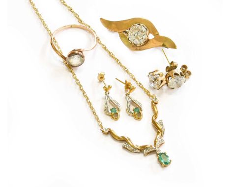 A Quantity of Jewellery, including a 9 carat gold emerald and diamond necklace; a pair of similar earrings, unmarked; togethe