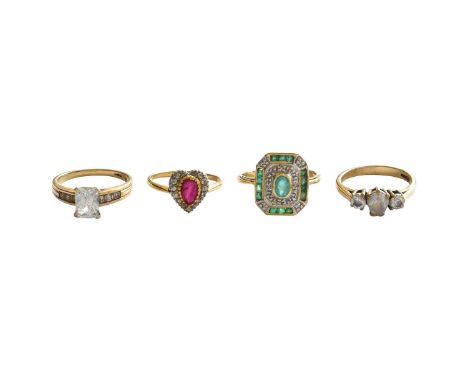 Two 9 Carat Gold Cubic Zirconia Rings, finger sizes Q and P; A 14 Carat Gold Emerald and Diamond Cluster Ring, finger size S;