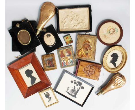 Assorted Framed Late 19th Century Silhouettes, cutwork picture, watercolour silhouette portrait and other frames, moulded pla