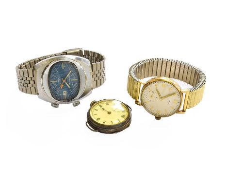 A 9 Carat Gold Eterna Wristwatch, chrome plated Alarm Memostar wristwatch and a silver enamel dial wristwatch (3)Alarm Memost