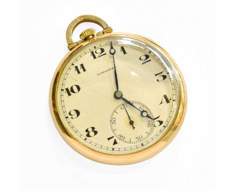 A 9 Carat Gold Open Faced Pocket Watch, signed Longines, 1949, manual wound lever movement signed and numbered 5183048, Silve